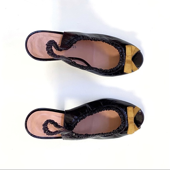 Marc Jacobs purple patent leather yellow gold bow peep toe slingback chunky heel - Picture 2 of 11